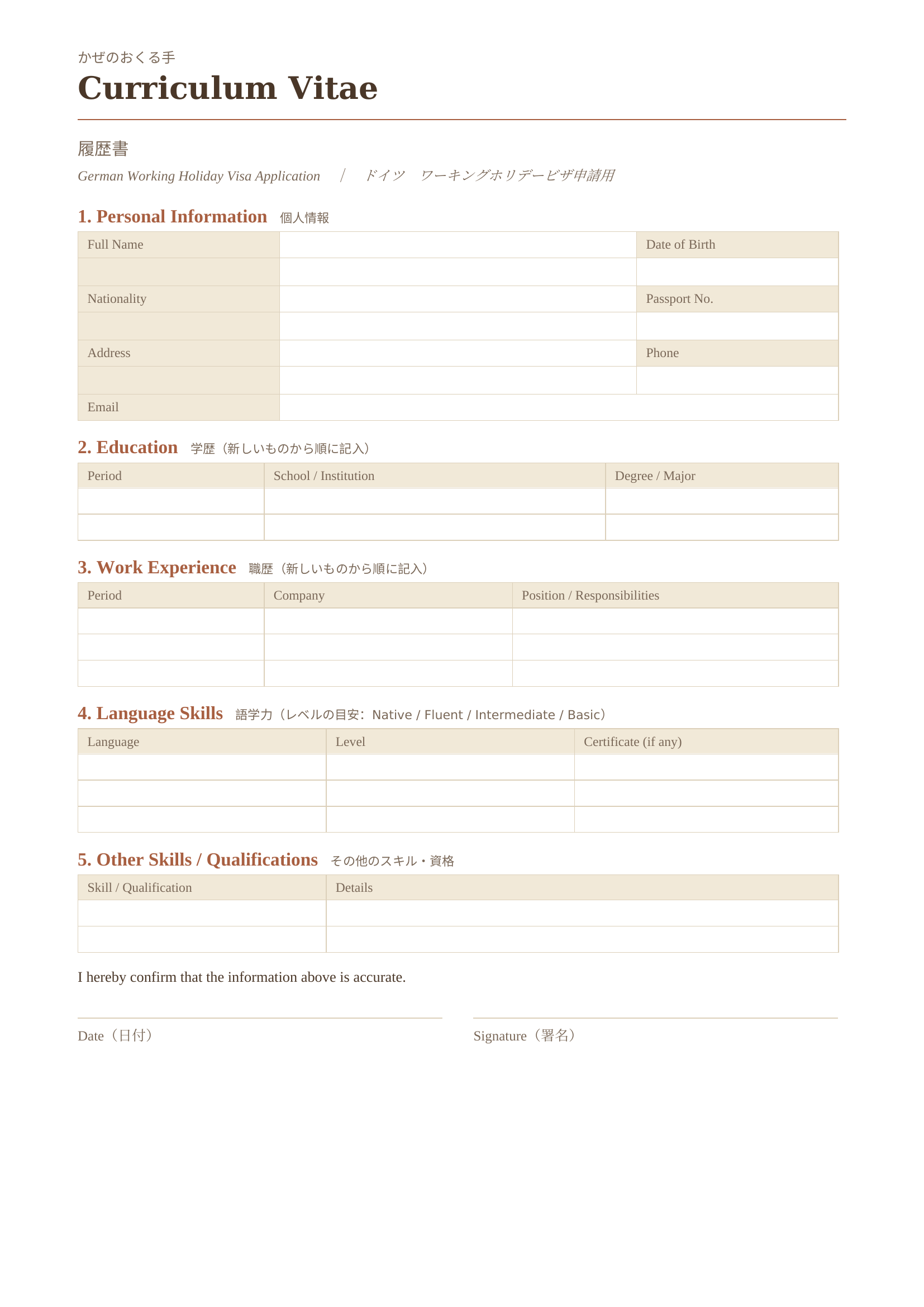 ドイツワーホリビザ用の履歴書(Curriculum Vitae)テンプレート例。個人情報・学歴・職歴・語学力・その他スキルの5項目で構成
